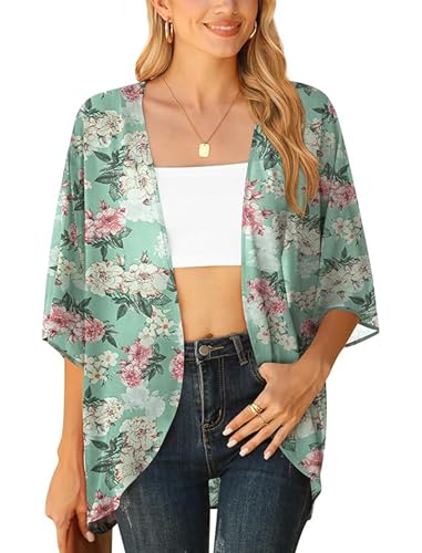 YGJIEGENG Boho Tops for Women Kimonos for Women Summer Women's Floral Sheer Chiffon Kimono Cardigan Open-Front Batwing Sleeve Swimsuit Beach Cover Up Cape(F Green X-Large)