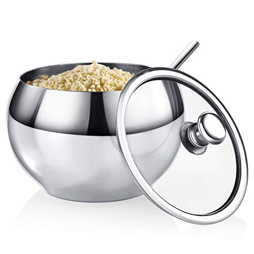 HardNok Stainless Steel Sugar Bowl with Glass Lid and Spoon350 Milliliter