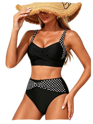 Maillot de bain 2 pièces pour femme à pois noir et blanc taille haute taille M