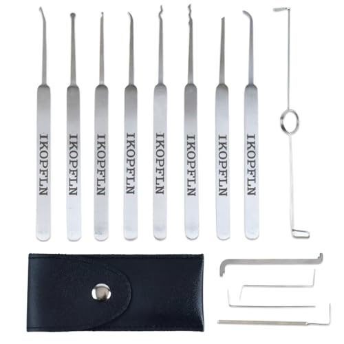 IKOPFLN Juego de ganzúas con 8 piezas de ganzúa, 4 piezas de accesorios L, estuche de cuero de 1 pieza - Kit ganzúa para cerrajeros profesionales y principiantes, ganzuas cerrajeria profesional