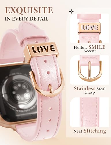 Image of JR.DM Slim Leather Bands Compatible with Apple Watch Band 38mm 40mm 41mm 42mm 44mm 45mm 46mm 49mm, Genuine Leather Band with Charms, Feminine Design for Iwatch Ultra SE Series 11 10 9 8 7 6 5 4 3 2 1