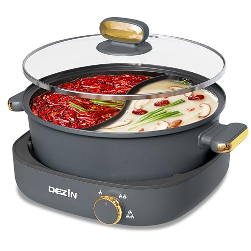 Dezin Hot Pot Electric with Divider, 4L Electric Shabu Shabu with Dual-Flavor Pot,3.7' Depth Nonstick Dual Side with Multi-Power Control for Party, Family and Friend Gathering