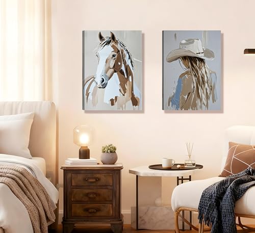 Image of 2pcs Framed Western Cowboy Girl Wall Art Oil painting style Cowboy Girl and Horse Canvas Print Poster Rustic Farmhouse Wall Decor for Living Room Bedroom Home Decoration