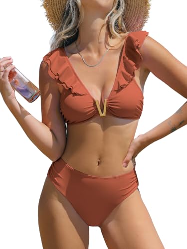 CUPSHE Women's Bikini Sets Two Piece Swimsuit V Neck V Wire Ruffle Adjustable Straps Ruching Back Hook