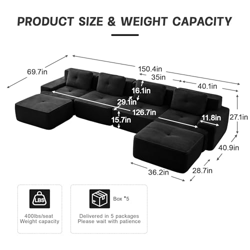 Image of 153 inch U-Shaped 4-Seater Modular Boneless Couch with 2 Ottomans, Premium Corduroy Upholstery, Deep Seat Cloud sectional Sofa, No Assembly Anti-Slip Design, Black