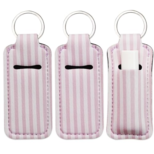 Haevola Cute Chapstick Holder Keychain for Women Lip Balm & Lip Gloss Holder Keychain Accessories Gift Purse Charm Clip (Pink Stripes)