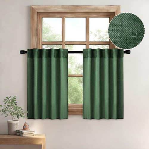 MIULEE Emerald Green Kitchen Curtains 24 Inch Length 2 Panels, Soft Thick Linen Textured Semi Sheer Light Filtering Short Cafe Tier Curtains for Small Half Window Back Tab Rod Pocket Christmas Decor