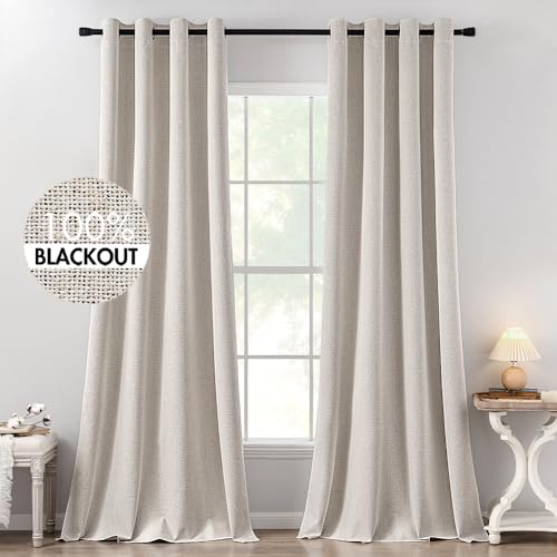 Image of MIULEE 100% Blackout Linen Textured Curtains for Bedroom Solid Thermal Insulated Ivory Grommet Room Darkening Curtains & Drapes Luxury Decor for Living Room 52 x 120 Inch (2 Panels)