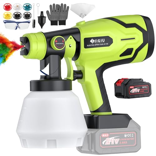 JiGiU Pistola Verniciatura HVLP 300W Professionale Portatile con Batteria, 6 Ugelli Intercambiabili (1.0-3.0mm) e Serbatoio 1000ml - Per Mobili, Porte, Pareti e Progetti Fai Da Te