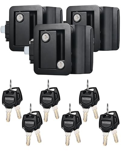 Image of RV Camper Door Lock Latch Deadbolt Lock Entry Side Door Lock with Handle for Travel Trailer 5th Wheel Universal Security RV Compartment Side Door Latch, Black, Pack of 3 Lock+ 12 Keys Alike