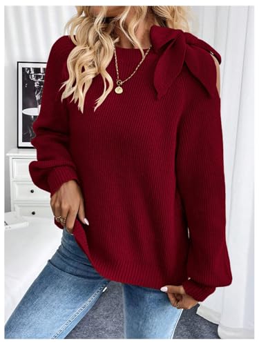 Image of GORGLITTER Women's Bow Sweater Long Sleeve Cut Out Tie Shoulder Vintage Chunky Cozy Knit Pullover Tops Fall Trendy 2025