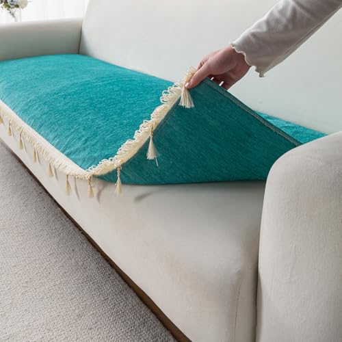 Image of HOKIPO 'Serenity Tassel' Chenille 2 Seater Sofa Cover with Tassel - Ocean Teal (IN-891-SBL)