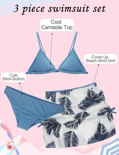Image of Girls 3 Piece Swimsuit Summer Hawaiian Bikini Set with Beach Cover Up Skirt Bathing Suit Swimwear 8-15 Years