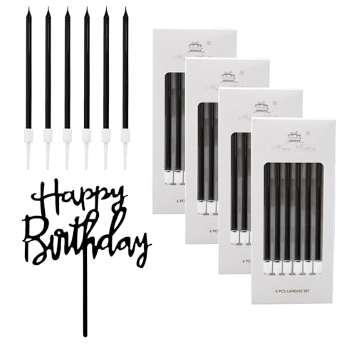 Anseom 24 candele di compleanno nere per torte, decorazioni lunghe e sottili, candele per torta di buon compleanno, per ragazze, ragazzi, uomini, donne, decorazione per feste e matrimoni, 10 cm