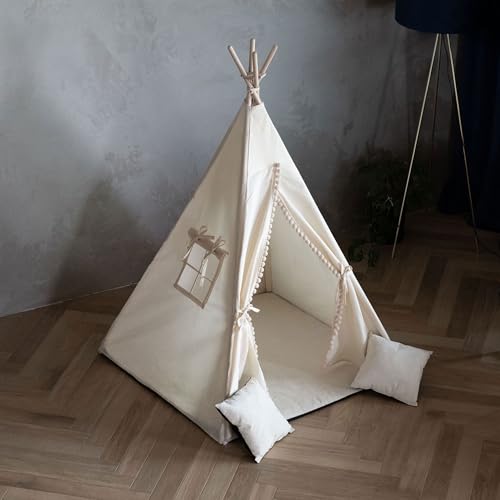PaLulli® Tipi Zelt für Kinder aus 100% Baumwolle mit Kuschelmatte, Anti-Kollaps-System [Stabil], Camping-Hängelampe & 2 Dekokissen, Tippi Kinderzelt Teepee Spielzelt (BEIGE)