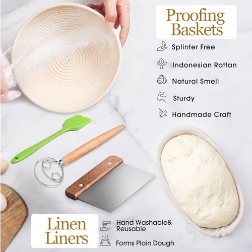 Image of Dimpola Banneton Bread Proofing Basket Banneton Basket Set Sourdough Proofing Basket Round Proofing Bowls Handmade Rattan Baskets and Liners (Oval & Round Baking Set)