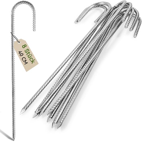 Graxury 8 Stück 40cm Schwere Trampolin-Zeltanker-Bodennägel - Verzinkter Stahl Rostfrei J-Haken-Rebar-Pfähle passend für Trampoline, Camping, Gartenschuppen, Schaukeln mit Meißelspitzenende Graxury 8 Stück 40cm Schwere Trampolin-Zeltanker-Bodennägel - Verzinkter Stahl Rostfrei J-Haken-Rebar-Pfähle passend für Trampoline, Camping, Gartenschuppen, Schaukeln mit Meißelspitzenende