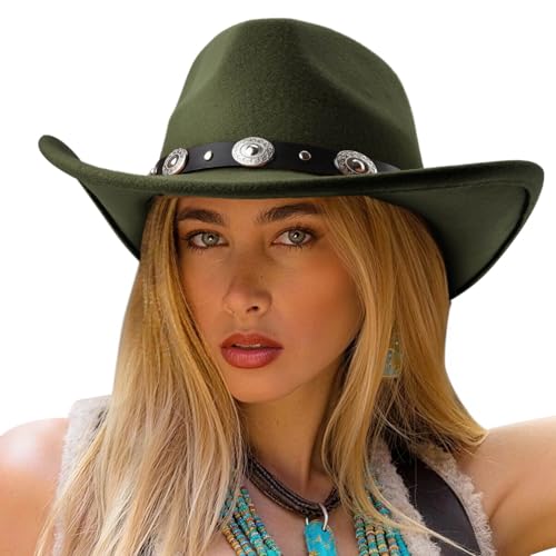 DRESHOW Women Men Classic Felt Wide Brim Western Cowboy & Cowgirl Cap Belt Buckle Retro Panama Hat Unisex Rolled up Caps