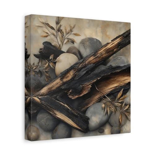 Tableau salon nature bois brûlé marron et gris au-dessus de console