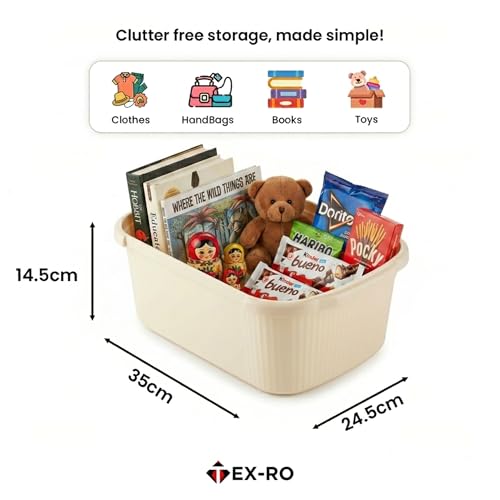 Image of TEX-RO 4 Layer Plastic Drawer Cabinet with Wheels & Side Hooks | Stackable Storage Trolley Organiser for Kitchen, Bedroom, Bathroom | Multipurpose Drawers Organisers Rack with Basket - Ivory