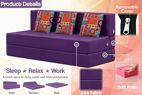 Image of Rosebell Three Seater Foldable Sofa Cum Bed (5x6 Feet) ? Jute Fabric, Washable Removable Cover, Includes Cushion | Space Saving Convertible Sofa Bed for Home, Office & Guests - Purple
