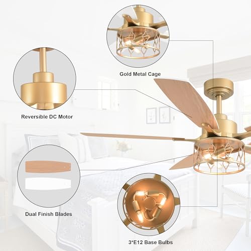Image of 52 Inch White and Gold Ceiling Fan with Lights Modern Fandelier | Industrial Caged Fandalier, Farmhouse Rustic Chandelier Light for Living Room Bedroom, Reversible 6 Speeds, Remote Control