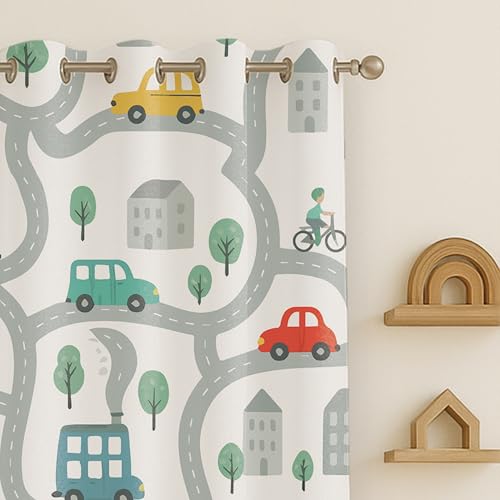 Image of STITCHNEST Velvet Kids Curtains Pack of 1 | City Road & Car Print | Semi Blackout Curtains for Nursery, Toddler Bedroom & Playroom | 7 Feet