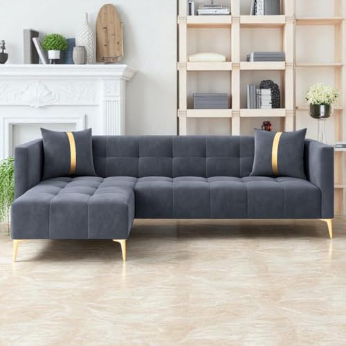 Image of Furny Styling 4 Seater Fabric LHS L Shape Sofa Set (Dark Grey) | Soft Velvet Fabric | Modern Design | Comfortable Seating | Living Room Furniture