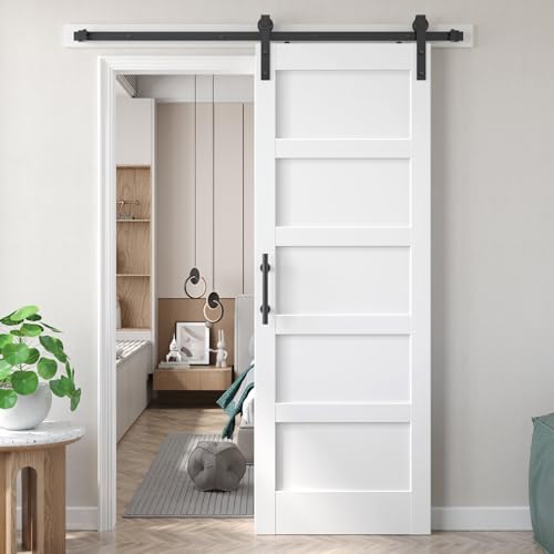 Image of Fredbeck 30inx80in White Barn Door and 5.5FT Sliding Barn Door Hardware Kit Included,Solid,MDF, PVC Surface,DIY Assembly,5-Panel,Fit 27in-28in Opening