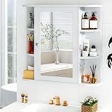 SUNLEI Bathroom Medicine Cabinet Mirror, Wood Medicine Cabinet with Adjustable Shelf, Mirrored Door Over The Toilet Storage, Bathroom Mirror Cabinet, White