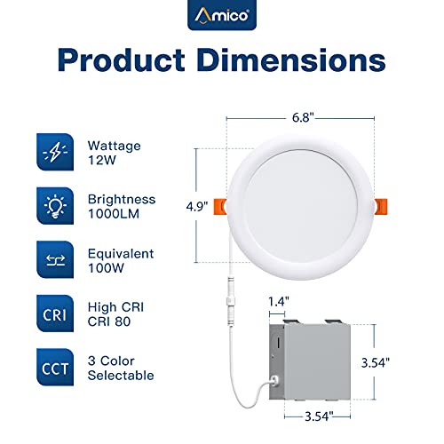 Amico 12 Pack 6 Inch 3Cct Ultra-Thin Led Recessed Ceiling Light With Junction Box, 3000K/4000K/5000K Selectable, 12W Eqv 100W, Dimmable Led Can Lights, 1000Lm High Brightness Downlight #TOP5