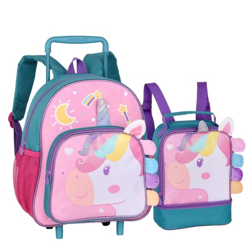 Kit Escolar Infantil, Mochila com Rodinha 13' e Lancheira Térmica 9', Desenho de Unicornio para Meninas, Clio Pets (Unicornio)