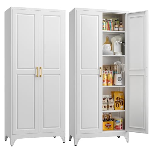 MetalMax Kitchen Pantry Storage Cabinets, 75' Tall Metal Storage Cabinet with Doors and 4 Shelves, White Pantry Cabinet, Utility Kitchen Cupboard, Large Steel Cabinets for Dining, Office, Living Room