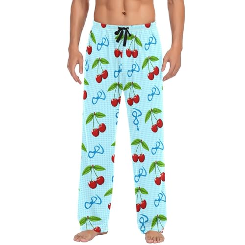 Cherry Blue Bows Men's Cotton Pajama Pants with Pockets and Drawstring Comfortable and Stylish,S2