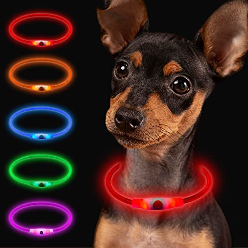 Larkumio Collier Lumineux Chien Rechargeable, LED Colier Chien Longueur Ajustable pour Chiot Chat Petit Grand Chien, Collier Fluorescent Chien avec 3 Modes d'éclairage Imperméable, Rouge