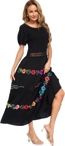 Image of Women's Summer Maxi Dress Casual Floral Embroidered Round Neck Short Sleeve Ruffle Tiered Dress Flowy Boho Beach Sundress