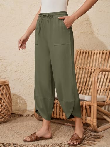 Women's Harem Cotton Linen Pants Wide Leg Barrel Baggy Sweatpants Palazzo Elastic Waist Trousers with Pockets Beach2