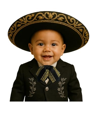 Mexican Mariachi Bow Tie, BLACK Satin with Gold Embroidery, Traditional Charro Style CHILD SIZE2