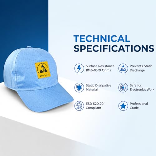 Image of Rojex Blue ESD Cleanroom Cap - Anti-Static, Unisex Headwear for Labs, Electronics, Assembly & Static-Sensitive Work - Polyester, Machine Washable