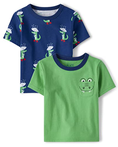 The Children's Place,And Toddler Boys Short Sleeve Fashion Top,Baby-Boys,Green/Dino Print 2 Pack,6-9 Months