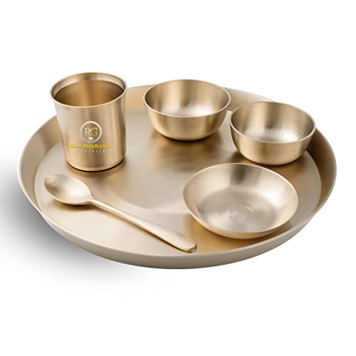 Pure Kansa (Bronze) Dinner Set | 6 Pcs Matte Finished KANSA Dinner Set - 1 Thali (Platter) Dai 12 inch, 2 Bowl (Katori), 1 Sweet Dish, 1 Glass(Tumbler), 1 Spoon - Ideal Gift by RAJ GHARANA METALS Pure Kansa (Bronze) Dinner Set | 6 Pcs Matte Finished KANSA Dinner Set - 1 Thali (Platter) Dai 12 inch, 2 Bowl (Katori), 1 Sweet Dish, 1 Glass(Tumbler), 1 Spoon - Ideal Gift by RAJ GHARANA METALS