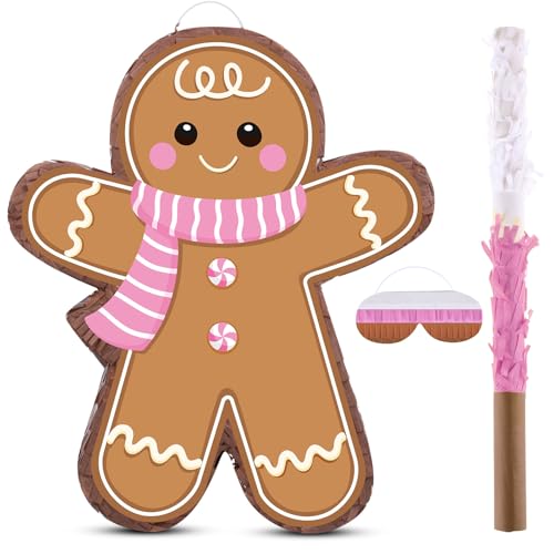 Gueevin Christmas Gingerbread Piñata Christmas Party Decorations Pink Cute Gingerbread Man Piñata Pull String with Stick Blindfold for Winter Xmas Holiday Party Game Festival Gift Favor Supplies by Gueevin - Used condition - US$18.61