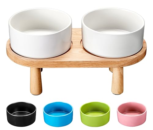 MOPANG Hundenapf Erhöht für Mittelgroße und Kleine Hund, 15 cm Hundenapf Keramik mit Holzständer, 850 ml*2, ElfenbeinWeiß