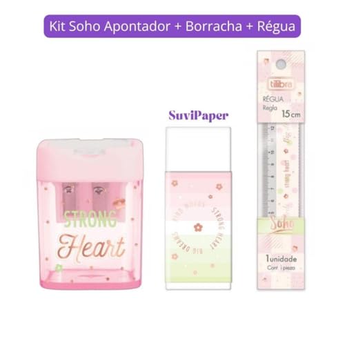 Apontador Grande 2 Furos, Borracha e Régua Pequena 15cm Soho ROSA