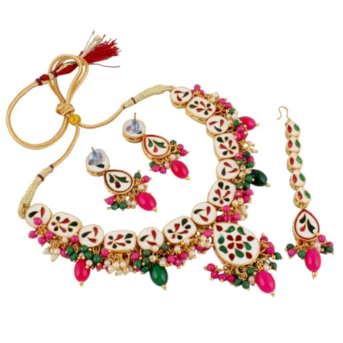 Image of Lucky Jewellery Meenakari 18k Gold Plated Tika Earring Combo Uncut Big Faux Kundan Choker Necklace set