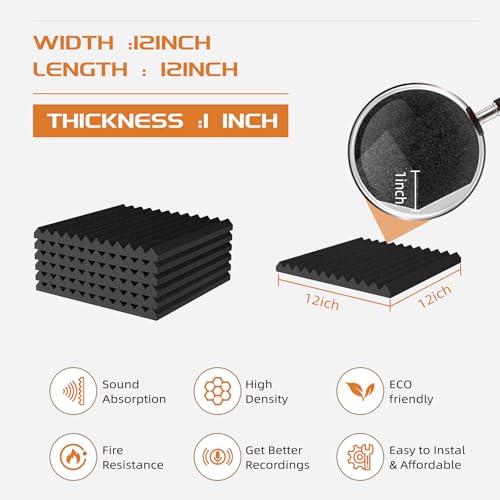 TEMGCUAM 48 Pack Sound Proof Foam Panels |1\"×12\"×12\" Quick-Recovery Soundproof Wall Panels | High Density Sound Dampening Panels for Home Studio |With Adhesive Stickers 240PCS (Black) - Thumbnail 2