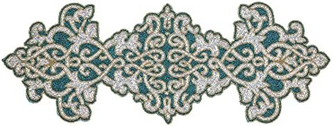 Linen Clubs Hand Made Beaded Table Runner 13x36 Inch in Navy Gold Silver Combo, produced by skilled village Artisans in India - A Beautiful Complements to Dinner Table Decor Offered
