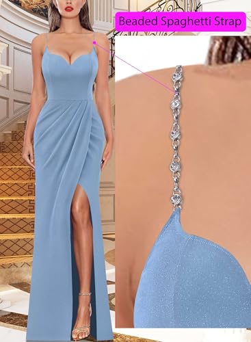 Image of VFSHOW Womens Sexy Formal Ruched Fitted High Slit Bodycon Maxi Dress Spaghetti Strap Sweetheart Cocktail Prom Evening Gown