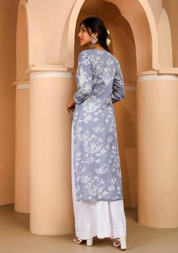 Image of GoSriKi Cotton Blend Embroidered Straight Kurta for Women | Cotton Blend Pink | 3 /4 Sleeve | Round Neck V-Slit | Ethnic Wear Casual Wear