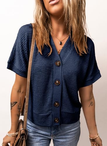 Image of Dokotoo Womens Summer Tops 2026 Waffle Knit Button Down Shirts | Trendy,V Neck,Loose Fit,Jacket,Short Sleeve,Summer Cardigan,Cropped,Shacket,Going Out Outfits,Dressy